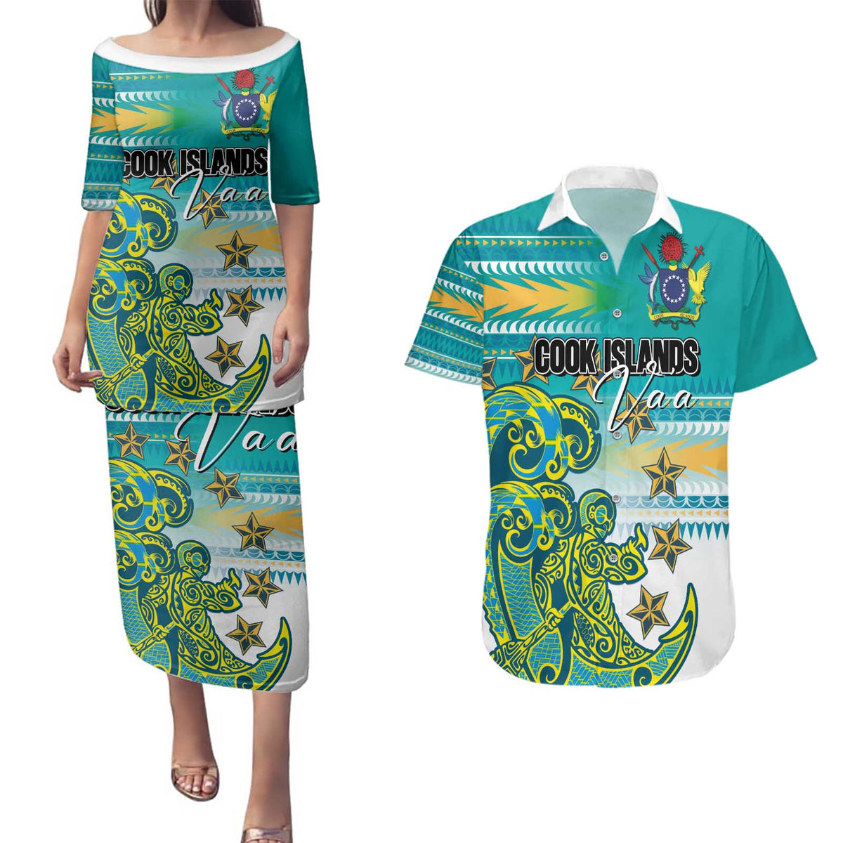 Personalised Cook Islands Va'a Race Couples Matching Puletasi and Hawaiian Shirt Te Tatau Tattoos Sporty Style Turquoise Color - Polynesian Pride