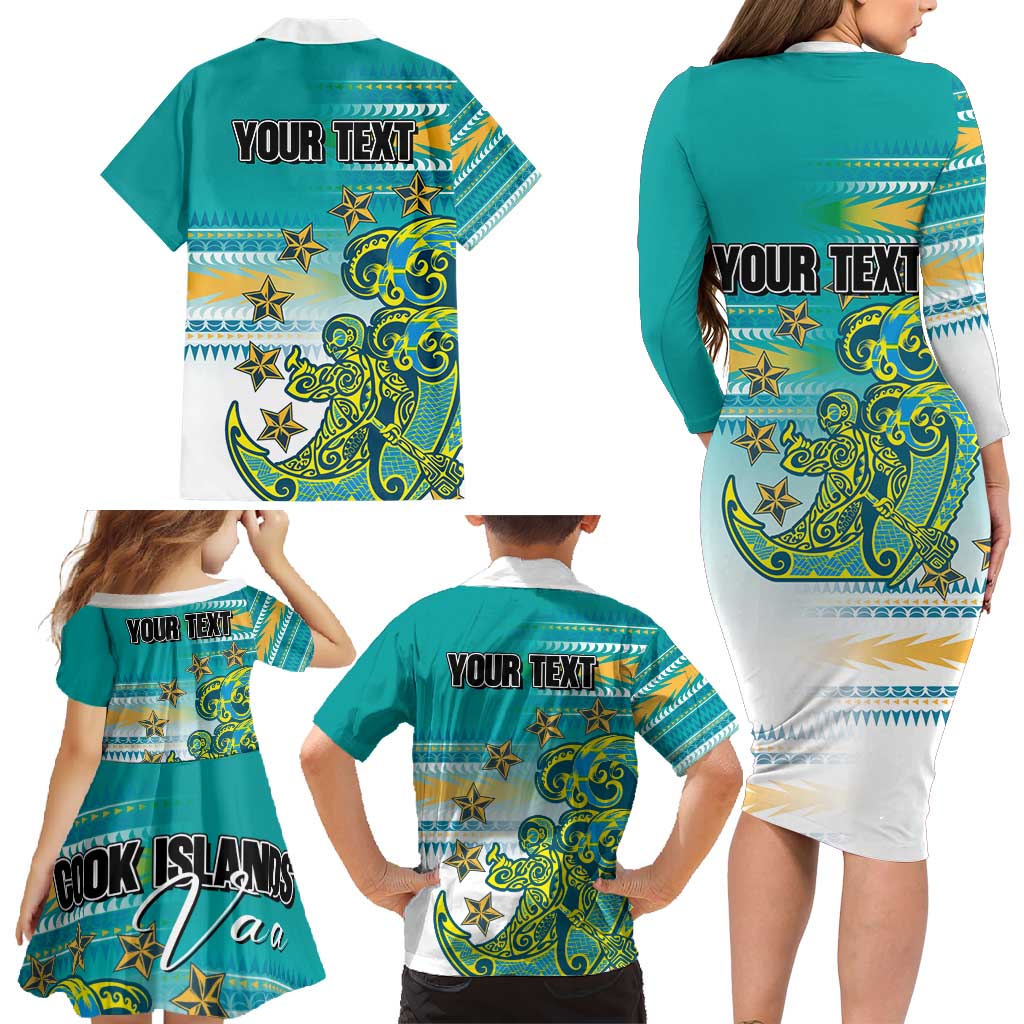 Personalised Cook Islands Va'a Race Family Matching Long Sleeve Bodycon Dress and Hawaiian Shirt Te Tatau Tattoos Sporty Style Turquoise Color - Polynesian Pride