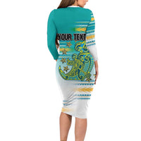 Personalised Cook Islands Va'a Race Family Matching Long Sleeve Bodycon Dress and Hawaiian Shirt Te Tatau Tattoos Sporty Style Turquoise Color - Polynesian Pride