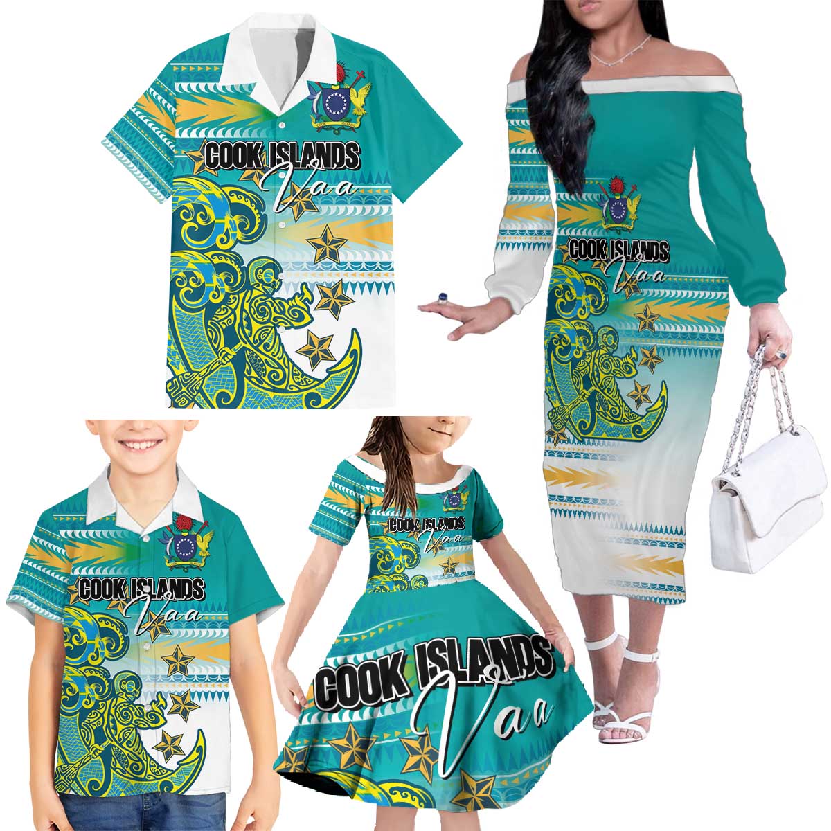 Personalised Cook Islands Va'a Race Family Matching Off The Shoulder Long Sleeve Dress and Hawaiian Shirt Te Tatau Tattoos Sporty Style Turquoise Color - Polynesian Pride
