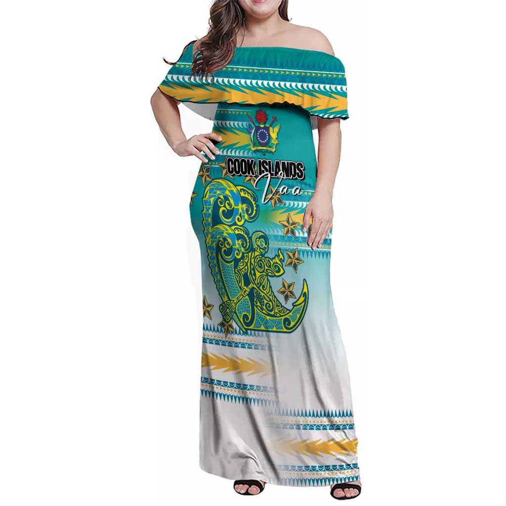 Personalised Cook Islands Va'a Race Family Matching Off Shoulder Maxi Dress and Hawaiian Shirt Te Tatau Tattoos Sporty Style Turquoise Color - Polynesian Pride