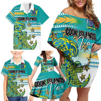 Personalised Cook Islands Va'a Race Family Matching Off Shoulder Short Dress and Hawaiian Shirt Te Tatau Tattoos Sporty Style Turquoise Color - Polynesian Pride