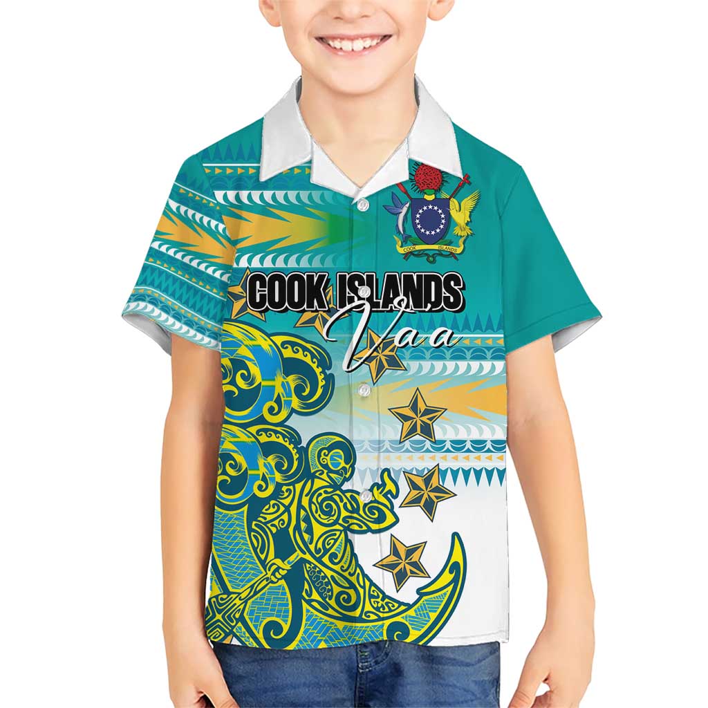 Personalised Cook Islands Va'a Race Family Matching Short Sleeve Bodycon Dress and Hawaiian Shirt Te Tatau Tattoos Sporty Style Turquoise Color - Polynesian Pride