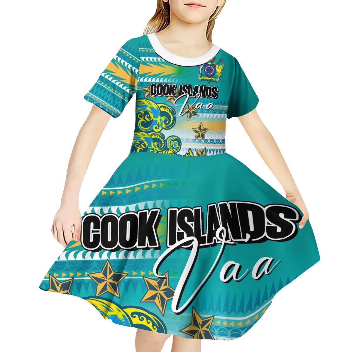 Personalised Cook Islands Va'a Race Kid Short Sleeve Dress Te Tatau Tattoos Sporty Style Turquoise Color - Polynesian Pride