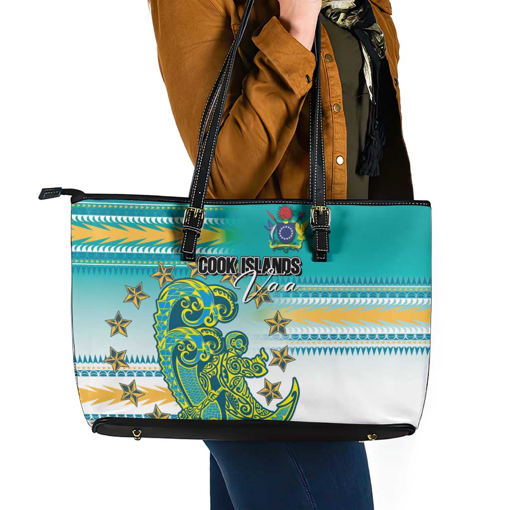 Cook Islands Va'a Race Leather Tote Bag Te Tatau Tattoos Sporty Style Turquoise Color - Polynesian Pride