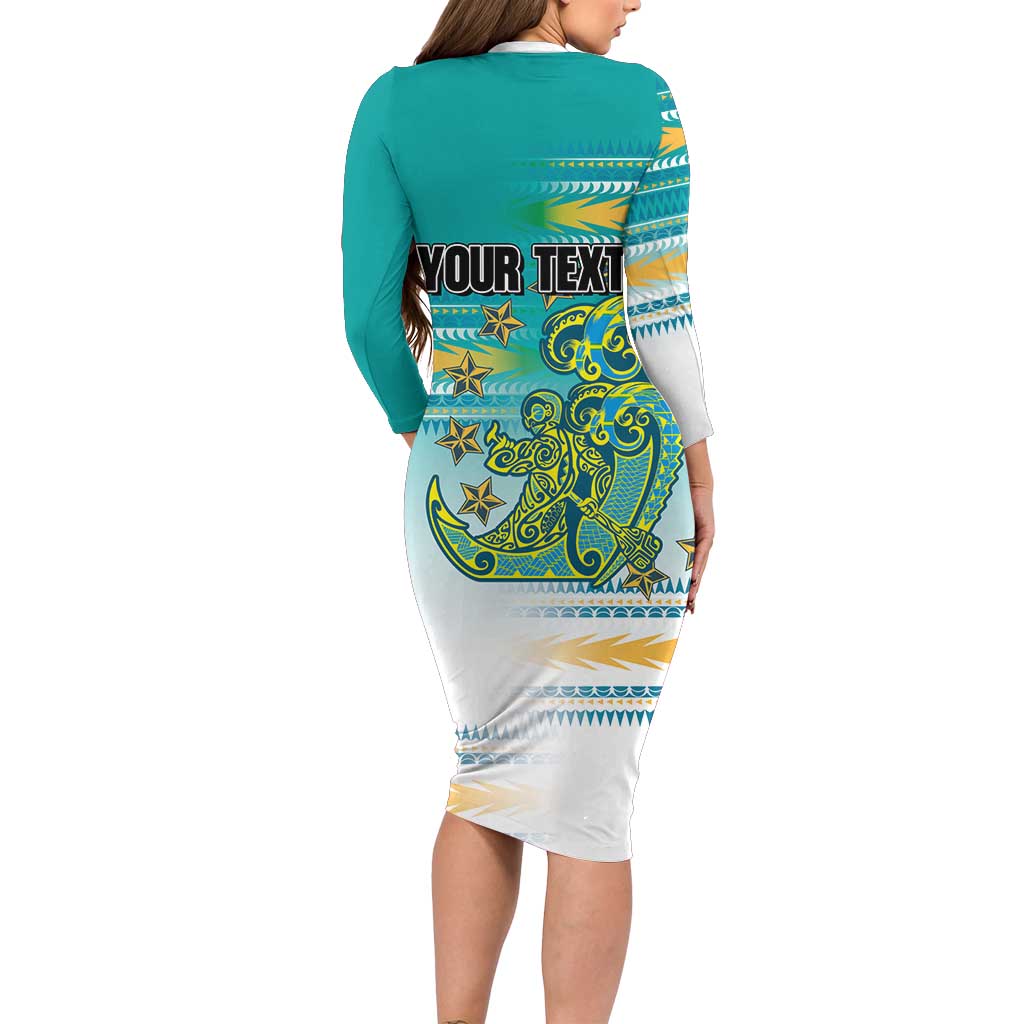 Personalised Cook Islands Va'a Race Long Sleeve Bodycon Dress Te Tatau Tattoos Sporty Style Turquoise Color - Polynesian Pride