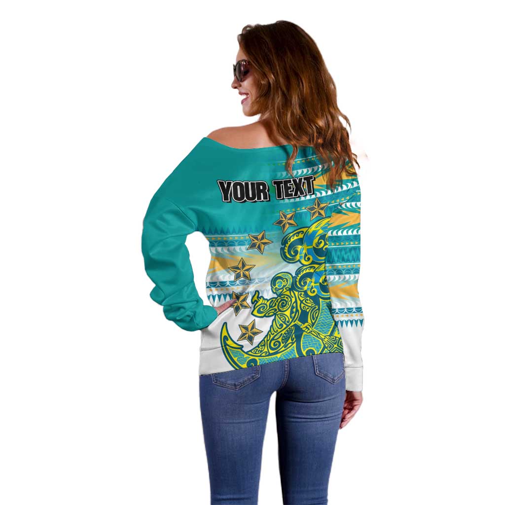 Personalised Cook Islands Va'a Race Off Shoulder Sweater Te Tatau Tattoos Sporty Style Turquoise Color - Polynesian Pride