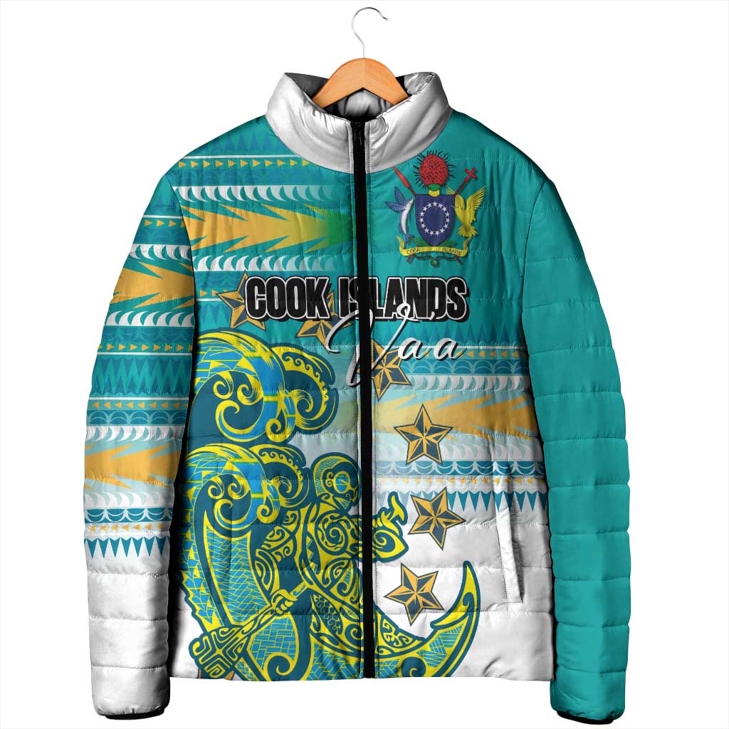 Personalised Cook Islands Va'a Race Padded Jacket Te Tatau Tattoos Sporty Style Turquoise Color - Polynesian Pride