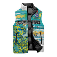 Personalised Cook Islands Va'a Race Sleeveless Puffer Jacket Te Tatau Tattoos Sporty Style Turquoise Color - Polynesian Pride