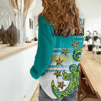 Personalised Cook Islands Va'a Race Women Casual Shirt Te Tatau Tattoos Sporty Style Turquoise Color - Polynesian Pride