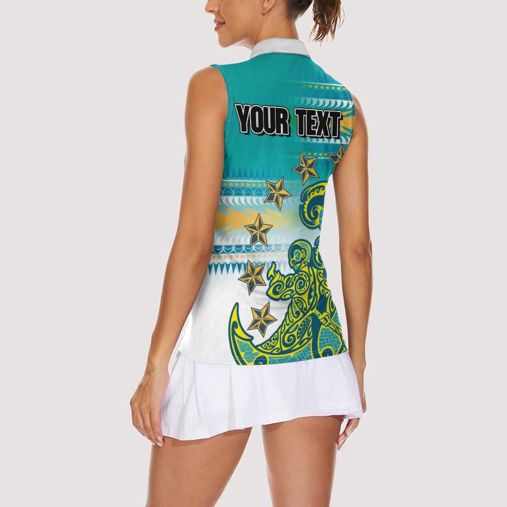 Personalised Cook Islands Va'a Race Women Sleeveless Polo Shirt Te Tatau Tattoos Sporty Style Turquoise Color - Polynesian Pride
