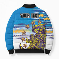 Personalised Cook Islands Va'a Race Bomber Puffer Jacket Te Tatau Tattoos Sporty Style Glory Blue Color - Polynesian Pride