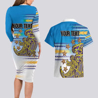 Personalised Cook Islands Va'a Race Couples Matching Long Sleeve Bodycon Dress and Hawaiian Shirt Te Tatau Tattoos Sporty Style Glory Blue Color - Polynesian Pride