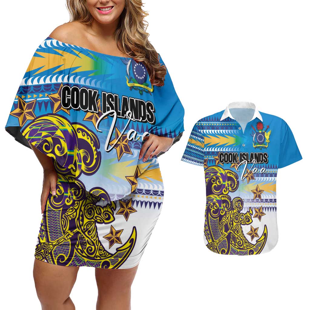 Personalised Cook Islands Va'a Race Couples Matching Off Shoulder Short Dress and Hawaiian Shirt Te Tatau Tattoos Sporty Style Glory Blue Color - Polynesian Pride