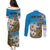 Personalised Cook Islands Va'a Race Couples Matching Puletasi and Long Sleeve Button Shirt Te Tatau Tattoos Sporty Style Glory Blue Color - Polynesian Pride