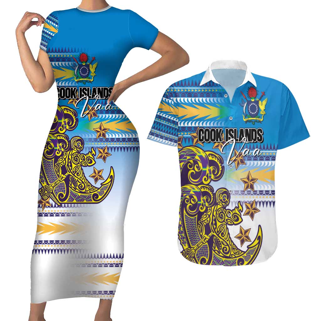Personalised Cook Islands Va'a Race Couples Matching Short Sleeve Bodycon Dress and Hawaiian Shirt Te Tatau Tattoos Sporty Style Glory Blue Color - Polynesian Pride
