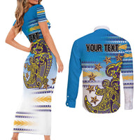 Personalised Cook Islands Va'a Race Couples Matching Short Sleeve Bodycon Dress and Long Sleeve Button Shirt Te Tatau Tattoos Sporty Style Glory Blue Color - Polynesian Pride