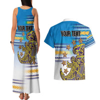 Personalised Cook Islands Va'a Race Couples Matching Tank Maxi Dress and Hawaiian Shirt Te Tatau Tattoos Sporty Style Glory Blue Color - Polynesian Pride