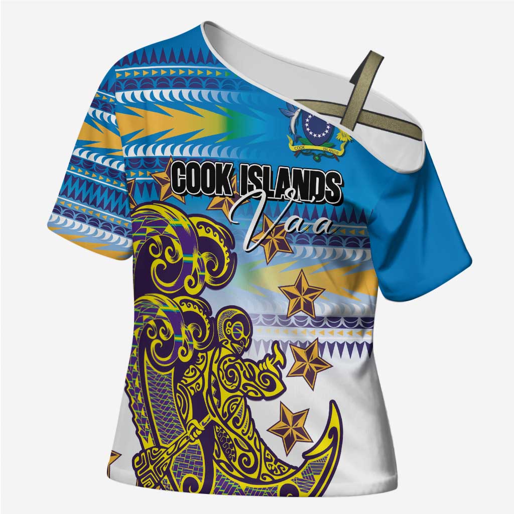 Personalised Cook Islands Va'a Race Cross Shoulder Shirt Te Tatau Tattoos Sporty Style Glory Blue Color - Polynesian Pride