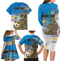 Personalised Cook Islands Va'a Race Family Matching Long Sleeve Bodycon Dress and Hawaiian Shirt Te Tatau Tattoos Sporty Style Glory Blue Color - Polynesian Pride