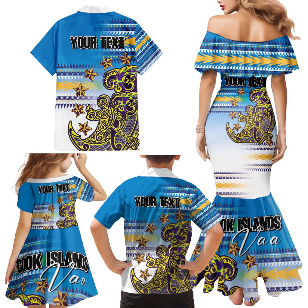 Personalised Cook Islands Va'a Race Family Matching Mermaid Dress and Hawaiian Shirt Te Tatau Tattoos Sporty Style Glory Blue Color - Polynesian Pride