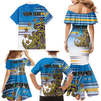 Personalised Cook Islands Va'a Race Family Matching Mermaid Dress and Hawaiian Shirt Te Tatau Tattoos Sporty Style Glory Blue Color - Polynesian Pride