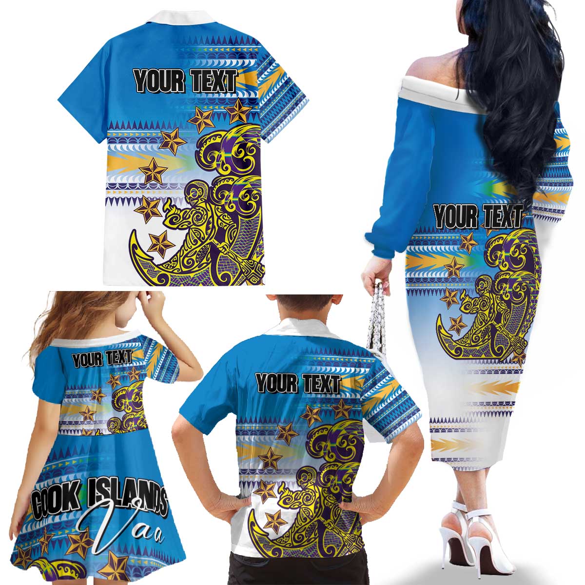 Personalised Cook Islands Va'a Race Family Matching Off The Shoulder Long Sleeve Dress and Hawaiian Shirt Te Tatau Tattoos Sporty Style Glory Blue Color - Polynesian Pride