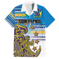 Personalised Cook Islands Va'a Race Family Matching Off The Shoulder Long Sleeve Dress and Hawaiian Shirt Te Tatau Tattoos Sporty Style Glory Blue Color - Polynesian Pride