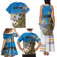 Personalised Cook Islands Va'a Race Family Matching Tank Maxi Dress and Hawaiian Shirt Te Tatau Tattoos Sporty Style Glory Blue Color - Polynesian Pride