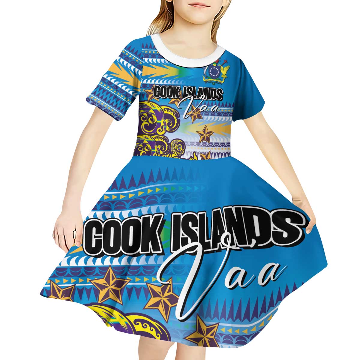 Personalised Cook Islands Va'a Race Kid Short Sleeve Dress Te Tatau Tattoos Sporty Style Glory Blue Color - Polynesian Pride