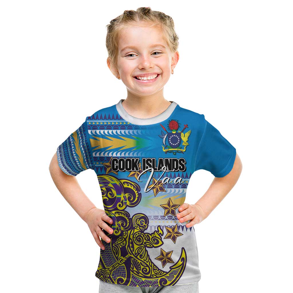 Personalised Cook Islands Va'a Race Kid T Shirt Te Tatau Tattoos Sporty Style Glory Blue Color - Polynesian Pride
