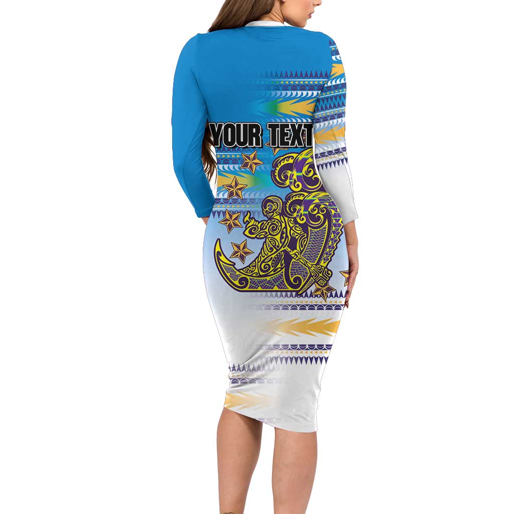 Personalised Cook Islands Va'a Race Long Sleeve Bodycon Dress Te Tatau Tattoos Sporty Style Glory Blue Color - Polynesian Pride
