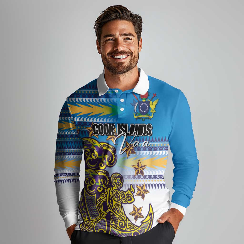 Personalised Cook Islands Va'a Race Long Sleeve Polo Shirt Te Tatau Tattoos Sporty Style Glory Blue Color - Polynesian Pride