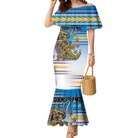 Personalised Cook Islands Va'a Race Mermaid Dress Te Tatau Tattoos Sporty Style Glory Blue Color - Polynesian Pride