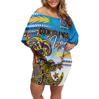 Personalised Cook Islands Va'a Race Off Shoulder Short Dress Te Tatau Tattoos Sporty Style Glory Blue Color - Polynesian Pride