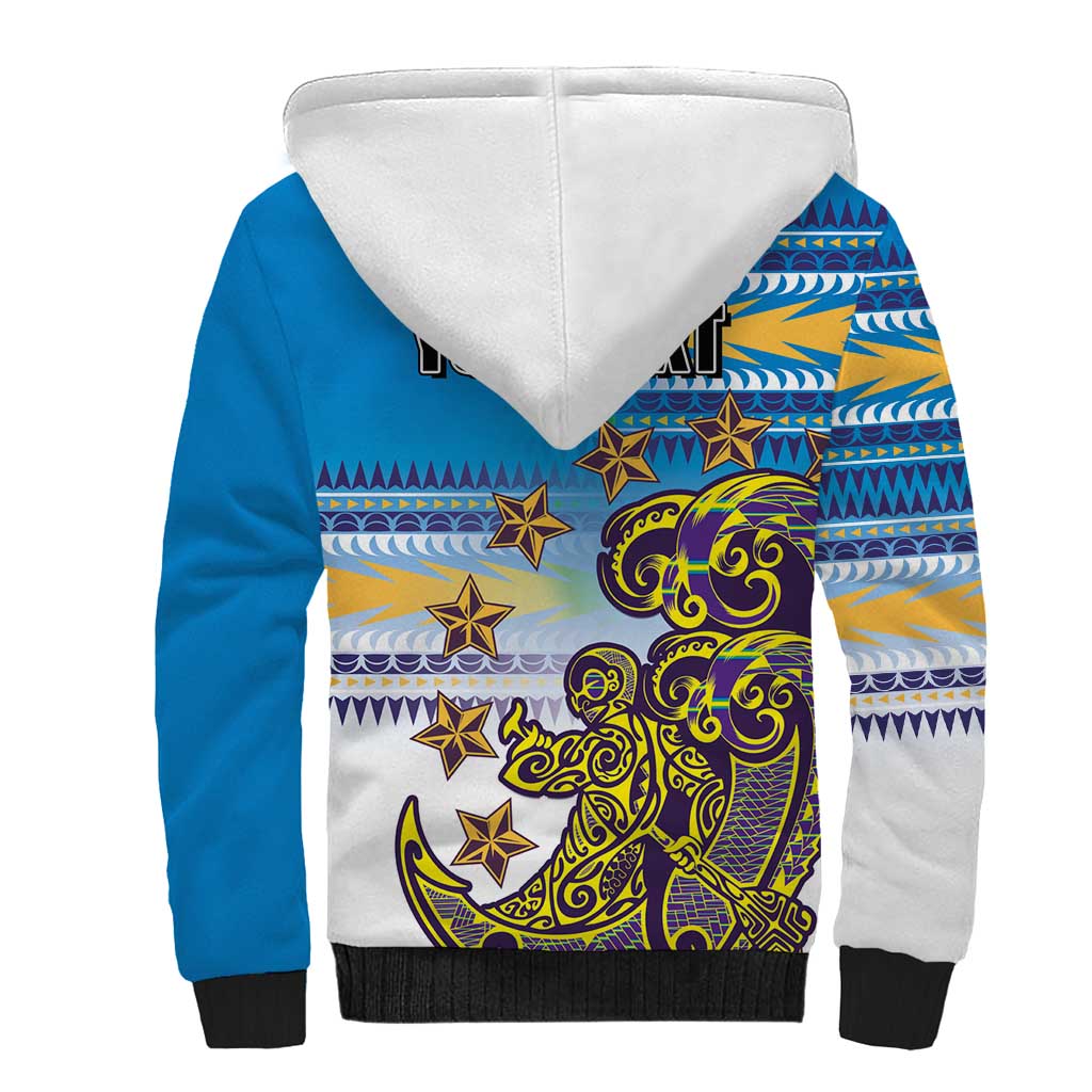 Personalised Cook Islands Va'a Race Sherpa Hoodie Te Tatau Tattoos Sporty Style Glory Blue Color - Polynesian Pride