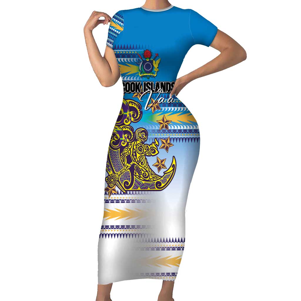 Personalised Cook Islands Va'a Race Short Sleeve Bodycon Dress Te Tatau Tattoos Sporty Style Glory Blue Color - Polynesian Pride