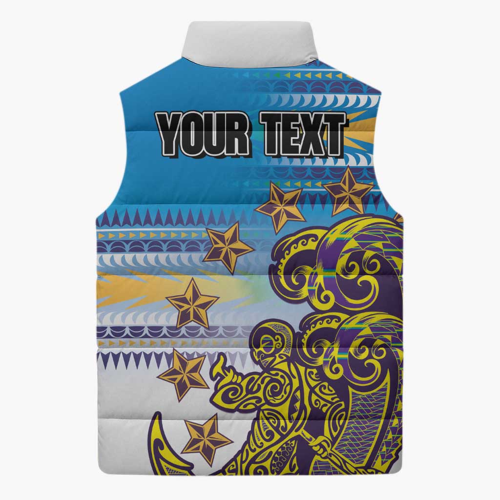 Personalised Cook Islands Va'a Race Sleeveless Puffer Jacket Te Tatau Tattoos Sporty Style Glory Blue Color - Polynesian Pride