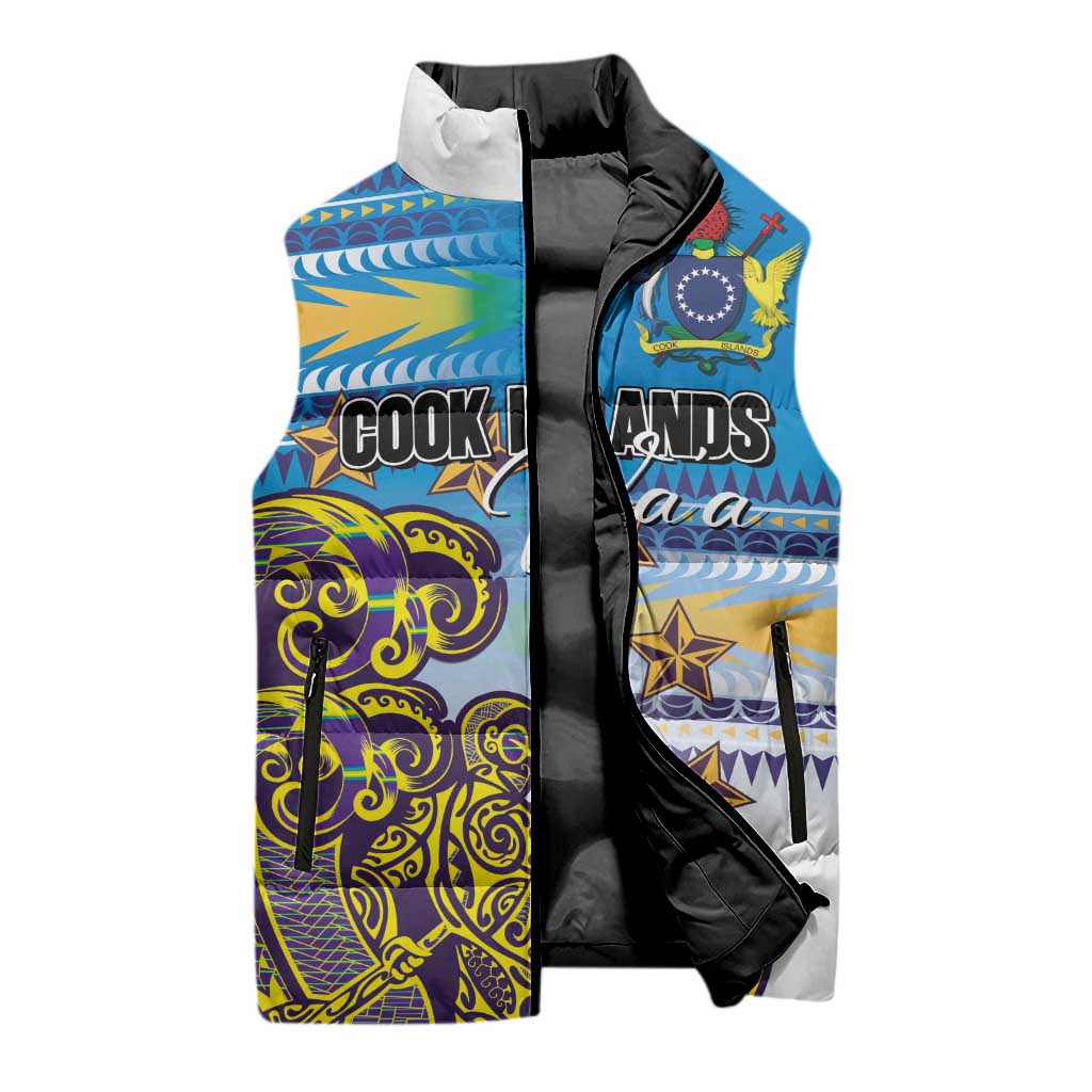 Personalised Cook Islands Va'a Race Sleeveless Puffer Jacket Te Tatau Tattoos Sporty Style Glory Blue Color - Polynesian Pride