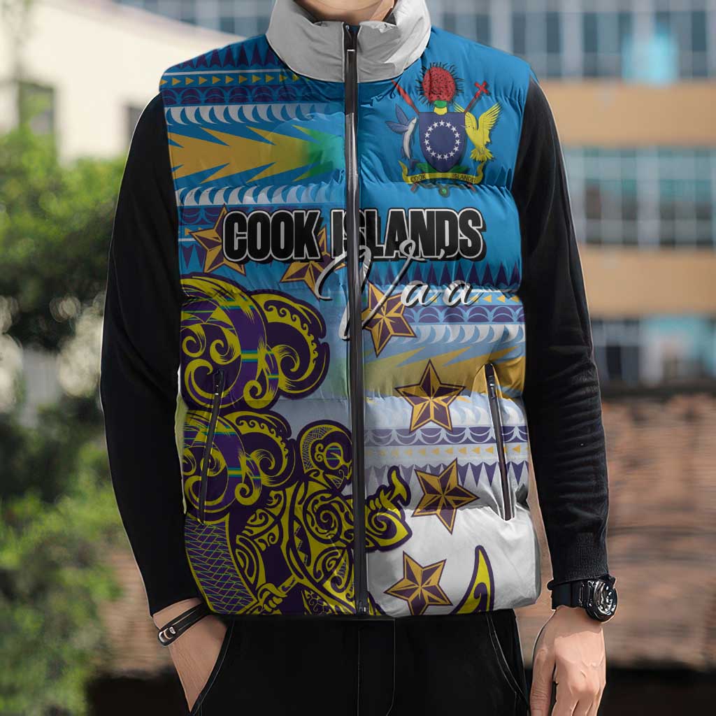 Personalised Cook Islands Va'a Race Sleeveless Puffer Jacket Te Tatau Tattoos Sporty Style Glory Blue Color - Polynesian Pride