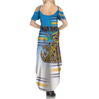 Personalised Cook Islands Va'a Race Summer Maxi Dress Te Tatau Tattoos Sporty Style Glory Blue Color - Polynesian Pride