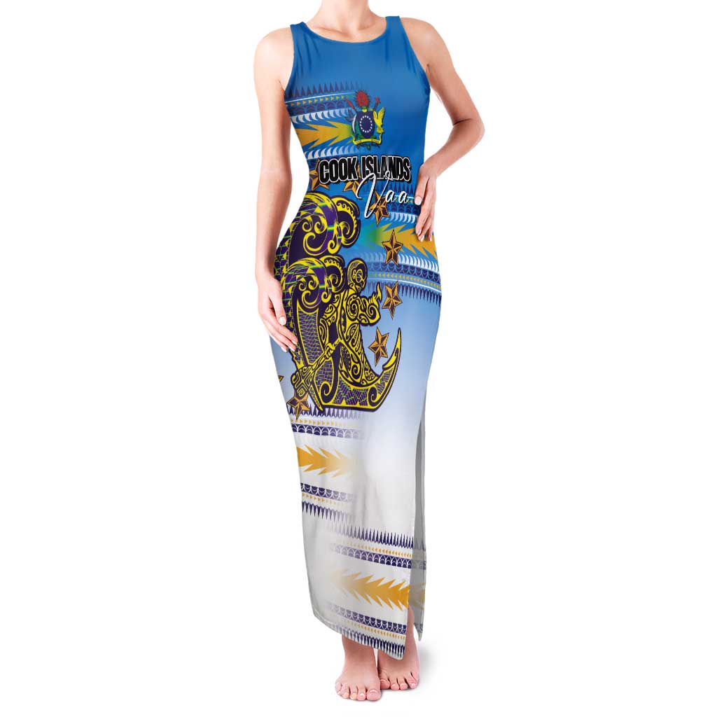 Personalised Cook Islands Va'a Race Tank Maxi Dress Te Tatau Tattoos Sporty Style Glory Blue Color - Polynesian Pride