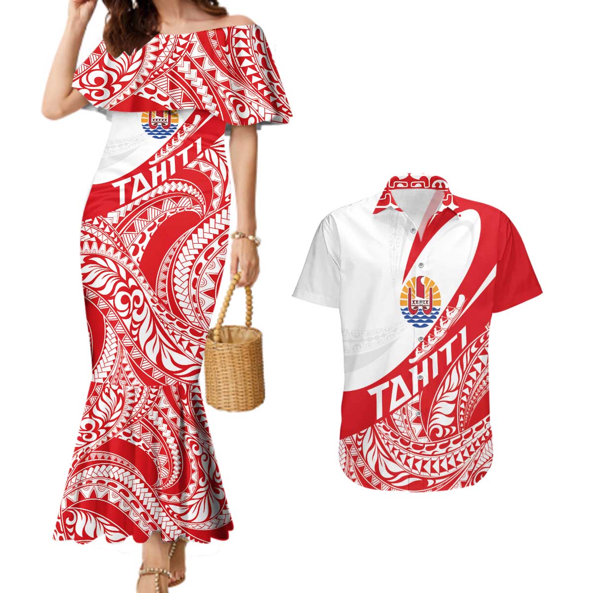 Personalised Tahiti Va'a Race Couples Matching Mermaid Dress and Hawaiian Shirt Polynesian Tattoos Sporty Style - Polynesian Pride
