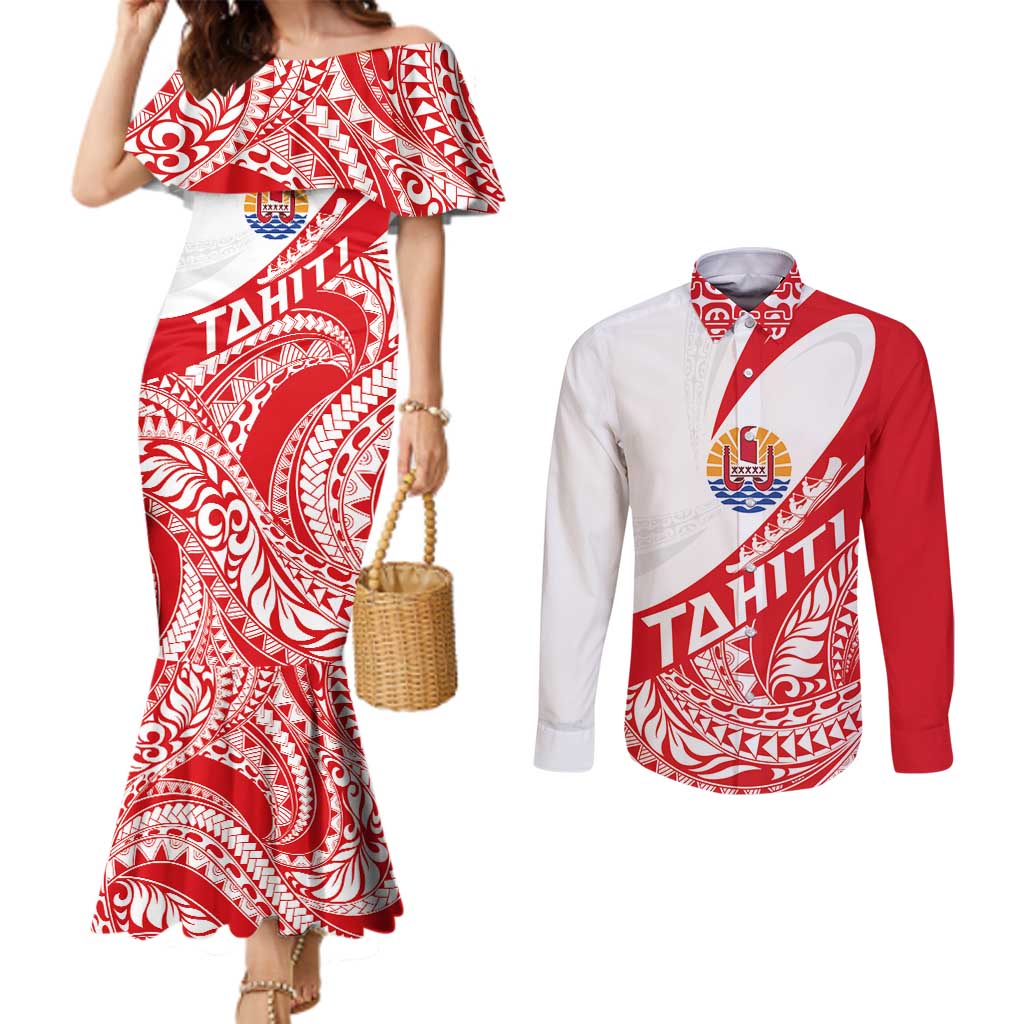Personalised Tahiti Va'a Race Couples Matching Mermaid Dress and Long Sleeve Button Shirt Polynesian Tattoos Sporty Style - Polynesian Pride