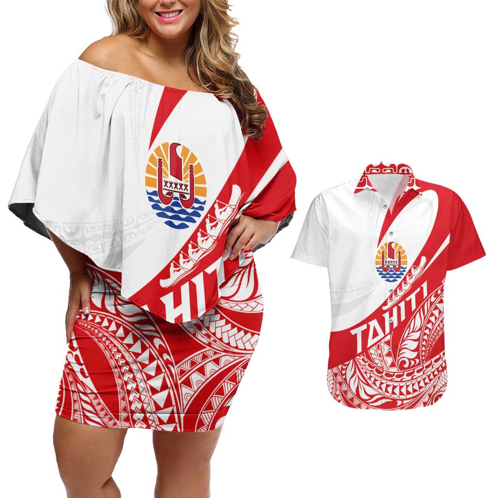 Personalised Tahiti Va'a Race Couples Matching Off Shoulder Short Dress and Hawaiian Shirt Polynesian Tattoos Sporty Style - Polynesian Pride