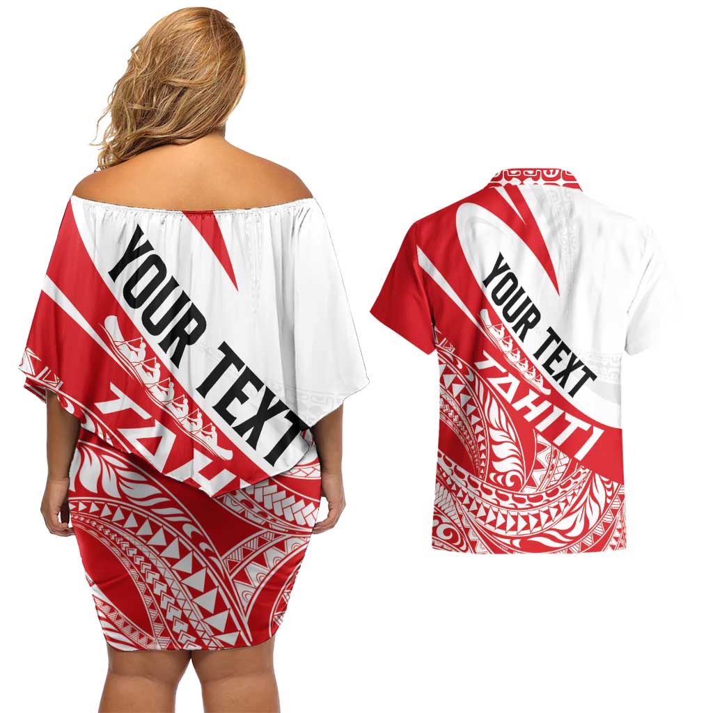 Personalised Tahiti Va'a Race Couples Matching Off Shoulder Short Dress and Hawaiian Shirt Polynesian Tattoos Sporty Style - Polynesian Pride