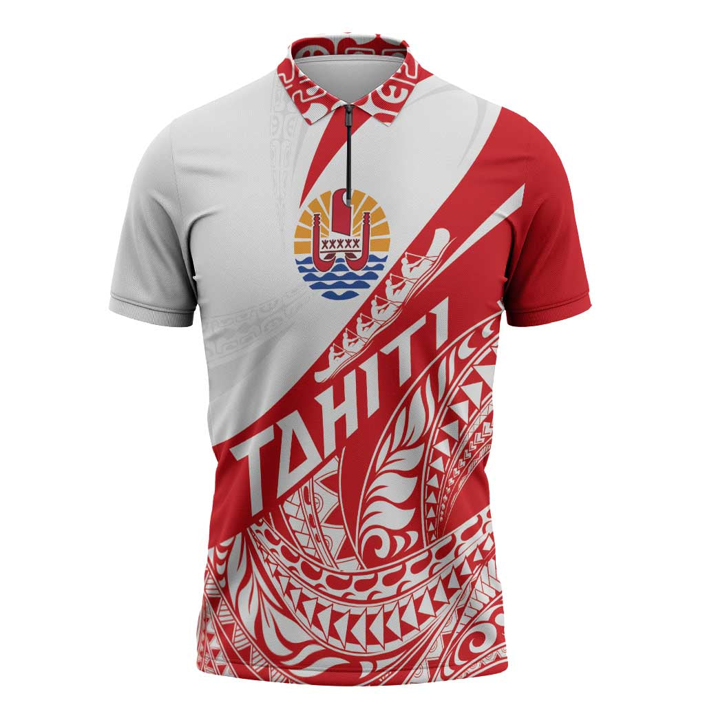 Personalised Tahiti Va'a Race Zipper Polo Shirt Polynesian Tattoos Sporty Style - Polynesian Pride