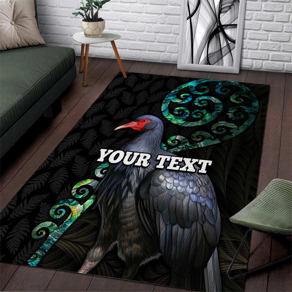 Custom Pukeko New Zealand Area Rug Koru Papua Shell with Silver Fern Pattern LT03 Black - Polynesian Pride
