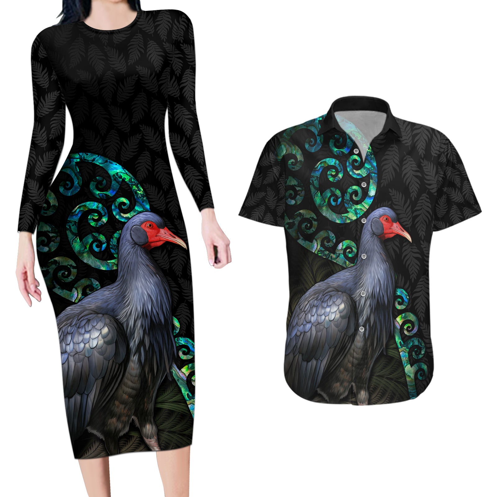 Custom Pukeko New Zealand Couples Matching Long Sleeve Bodycon Dress and Hawaiian Shirt Koru Papua Shell with Silver Fern Pattern LT03 Black - Polynesian Pride