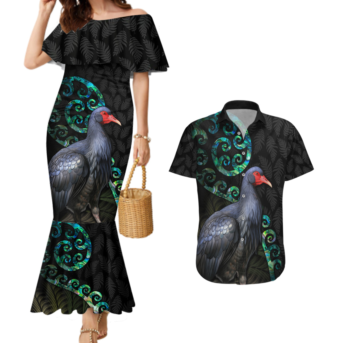 Custom Pukeko New Zealand Couples Matching Mermaid Dress and Hawaiian Shirt Koru Papua Shell with Silver Fern Pattern LT03 Black - Polynesian Pride